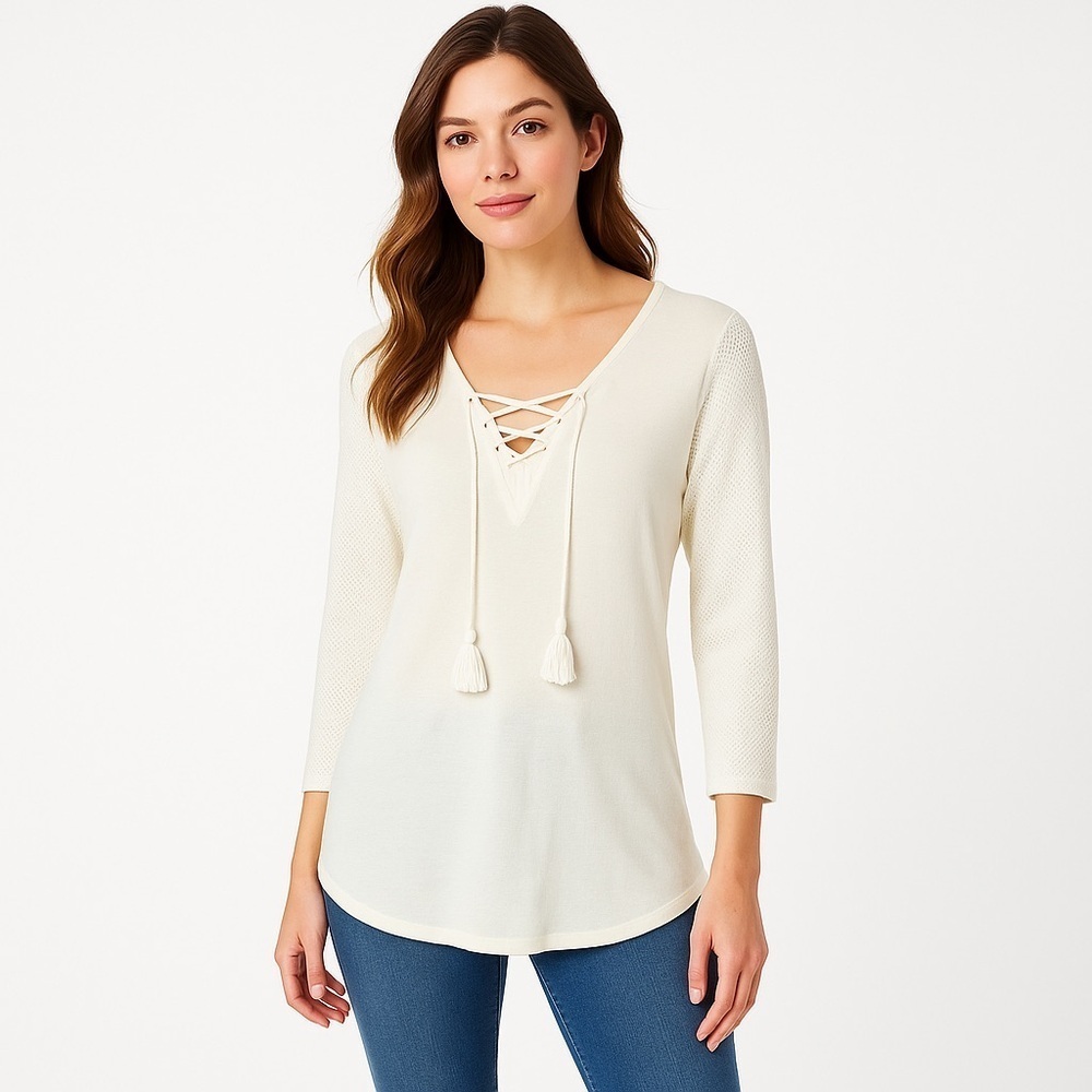 NWT Joan Vass Ivory Lace-Up Soft Knit Top Open knit Sleeve Detail Size XL